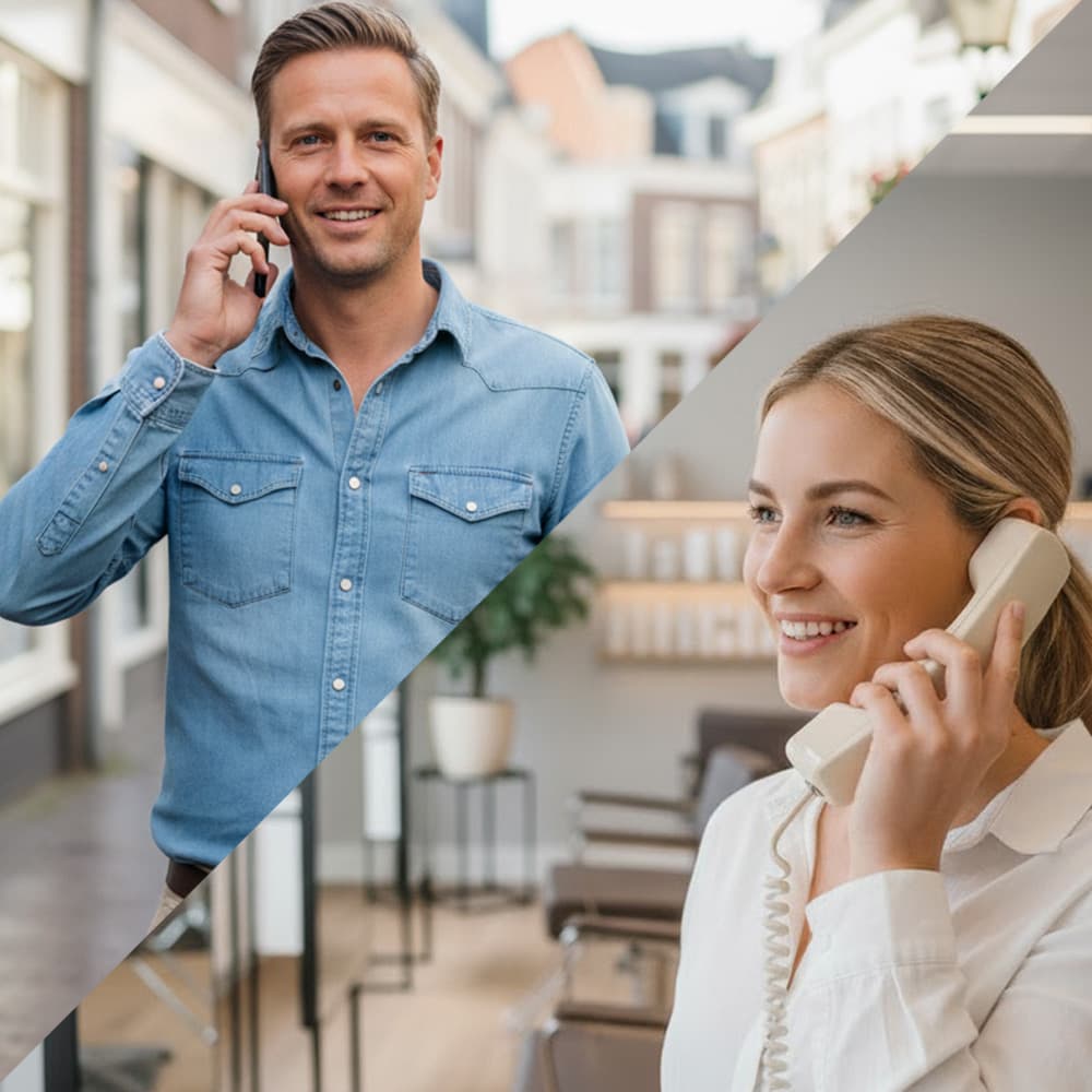 Nagelstyliste helpt klant in lichte salon met Birdy AI telefonist op de lijn